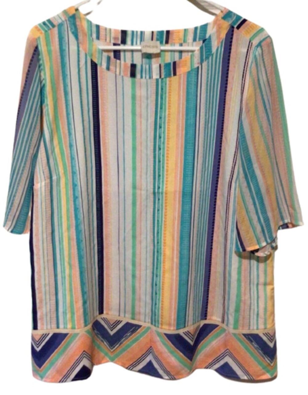 Chico's White Multicolor Pastel Striped Short Sleeve Top Size 2 L 12